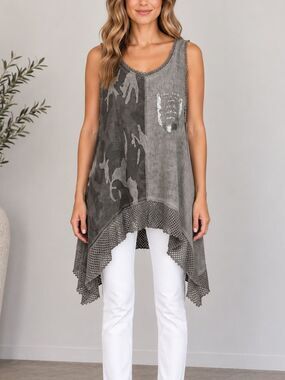 Odette Italy Gray Camo Patchwork Crochet Mesh Asymmetrical Tunic Tank OS